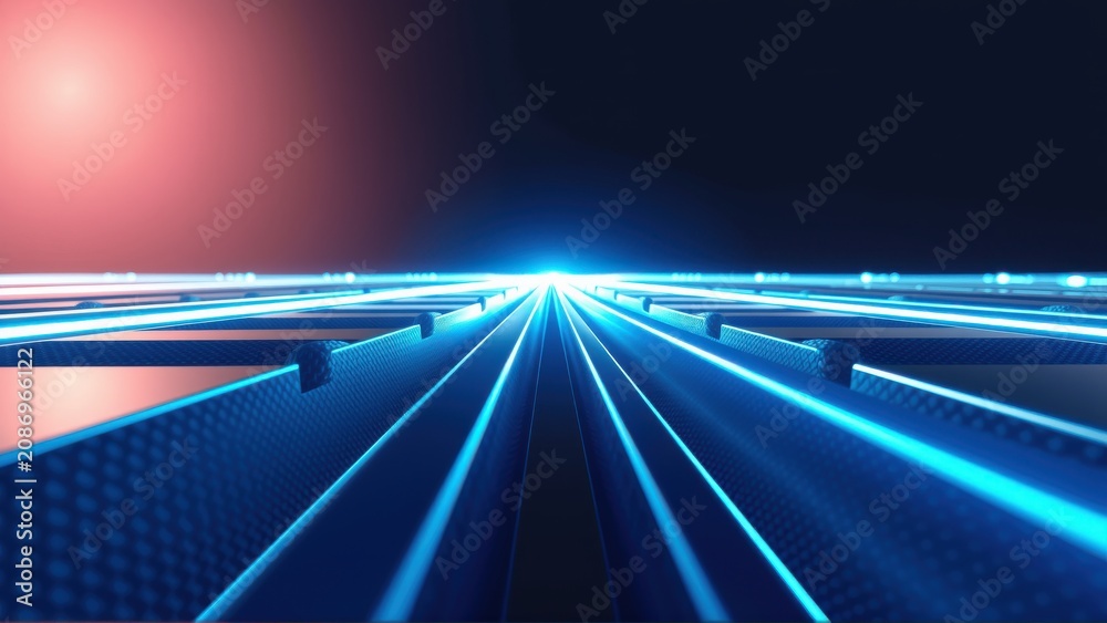Fototapeta premium Abstract tunnel perspective. Bright lines converge toward distant light source. Dark background contrasts vivid blues, reds. Futuristic design.