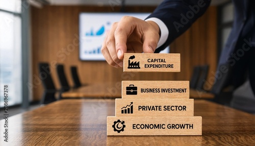 Businessman building blocks with capital expenditure business investment private sector economic growth concepts on a wooden table in a conference room