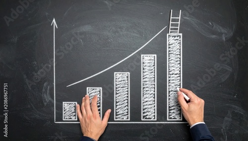 Hand drawing rising bar chart with ladder on chalkboard.