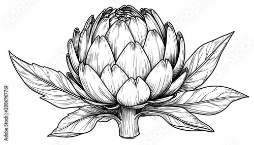 Hand drawn artichoke with leaves botanical illustration