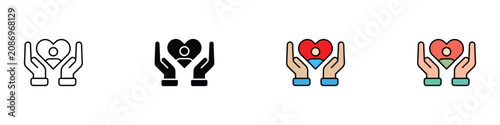 Life insurance healthcare protection icon set with human hands holding heart care user profile. Vector illustration of realistic family charity flat symbol, colorful line medical security template.