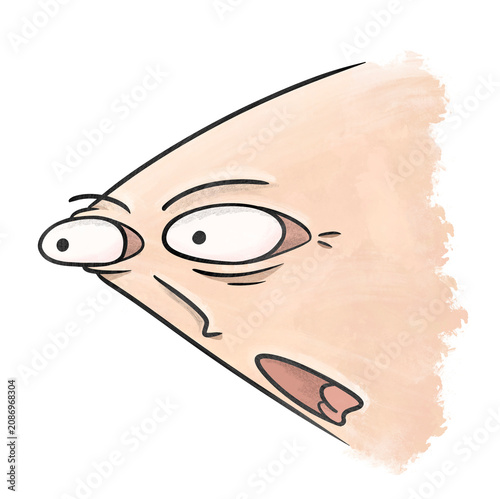 A pointed face with an exaggerated surprised expression, humorous meme-inspired artwork