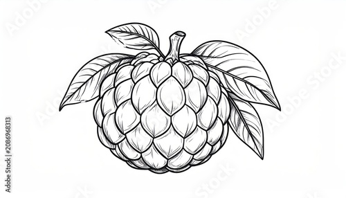 Hand drawn custard apple fruit with leaves sketch.