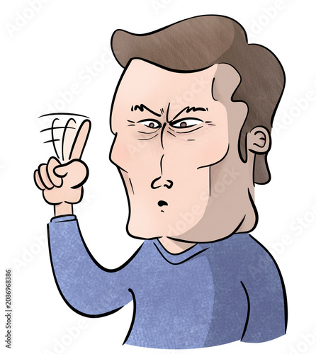 Hand-drawn cartoon character firmly wagging index finger, expressing denial with serious face, isolated on transparent background.