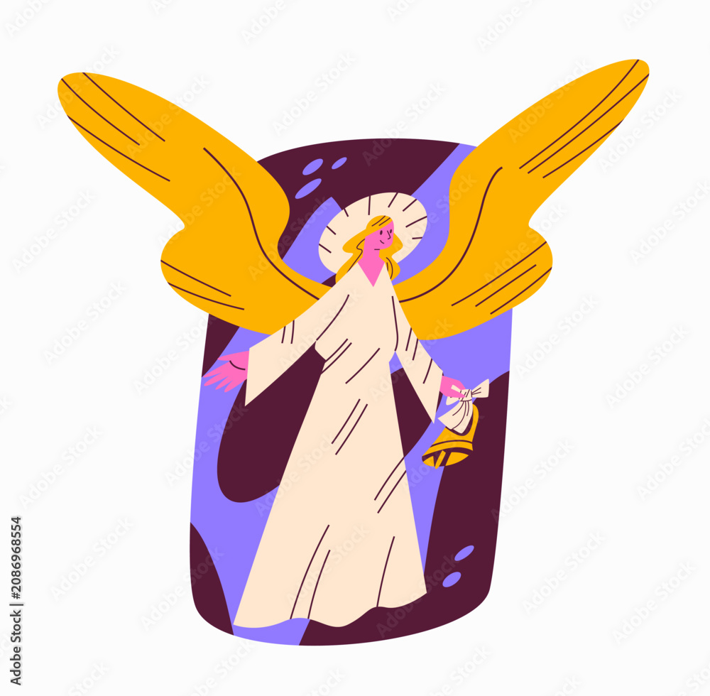 Obraz premium Christmas Angel Flat Vector Illustration. Cute Holy Angel with Golden Wings holding Bell