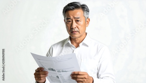 An older man reads documents carefully in a well-lit room.