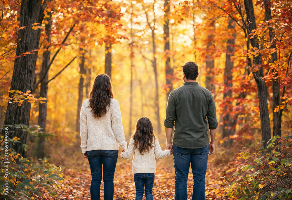 Fototapeta premium Rear View of Family Enjoying Beautiful Autumn Forest Landscape 