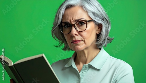 A woman with glasses reads a book with a puzzled expression on her face.