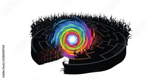 Vibrant rainbow maze with grassy edges.