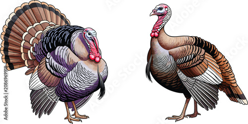 Canvas Print Turkey vector illustration set featuring detailed hand drawn tom and hen birds f