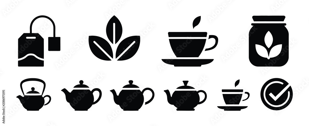 Fototapeta premium Luxury tea shop drink icon collection, tea bag, tea leaf, sugar, brewing, teacup, assorted teapot, herbal infusion and extraction symbols, elegant beverage interface graphics, modern flat vector