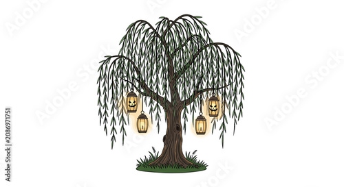 Weeping willow tree with lanterns hanging.