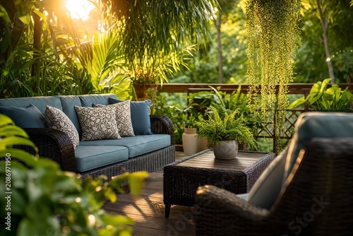 Patio photo background for outdoor living and home decor with tropical garden lounge