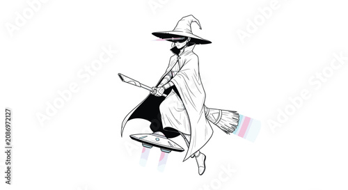 Witch flying on broomstick in air.