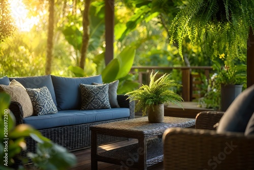 Patio photo background for outdoor living and home decor with tropical garden lounge