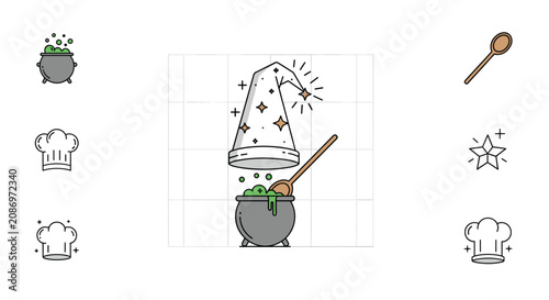Witch hat on bubbling cauldron with wand.