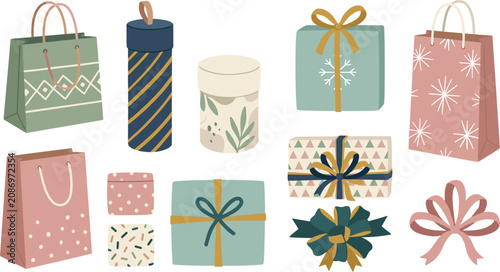 Schilderij op canvas Christmas Gift Box and Shopping Bag Vector Element Set with Elegant Wrapped Pres