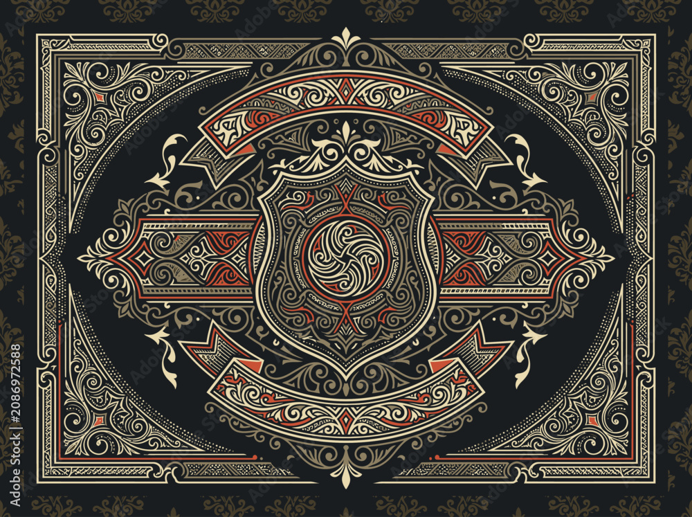 Fototapeta premium Ornate Vintage Label Design with Filigree Borders and Heraldic Shield