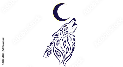 Wolf howling at crescent moon.