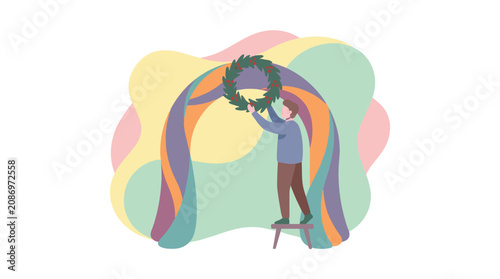 Woman dancing under colorful archway structure.