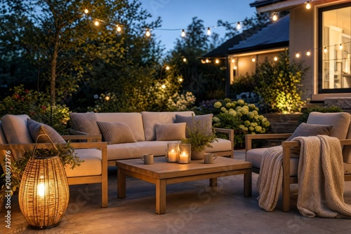 Patio photo background for real estate and outdoor living with warm string lights