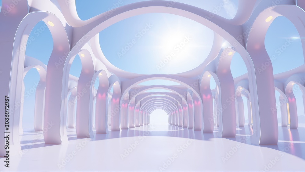 Fototapeta premium Futuristic corridor. White arches create endless perspective. Soft light illuminates clean, minimalist space. Calm, serene atmosphere.