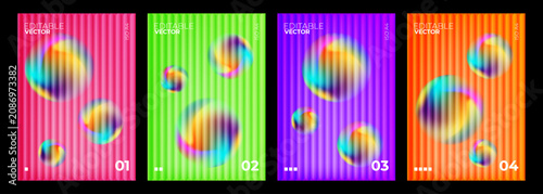 Abstract summer neon gradient poster vector template set. Collection of four A4 vertical layouts with colorful striped lines and 3D glass soap bubbles. Vector Illustrator AI