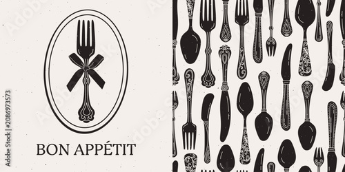 Obraz na plátně Kitchen card and seamless pattern with black vintage forks, spoons and knives on cream