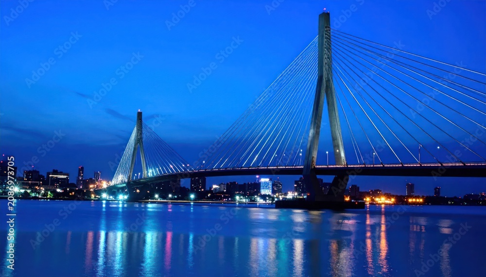 Fototapeta premium Cable-stayed suspension bridge illuminated over river at night.