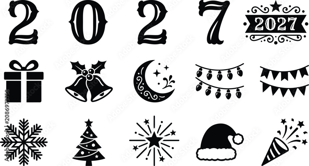 Fototapeta premium 2027 New Year Holiday Icons Collection with Christmas and Winter Symbols