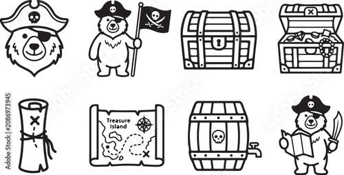 фотографія Cartoon pirate bear treasure hunting icons set
