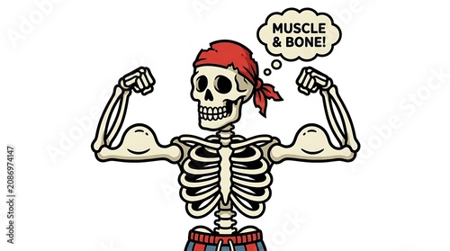 Cartoon skeleton flexing muscles wearing a red bandana in a funny style