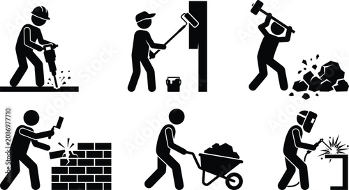 Schilderij op canvas Construction Worker and Manual Labor Stick Figure Icon Set Featuring Jackhammer