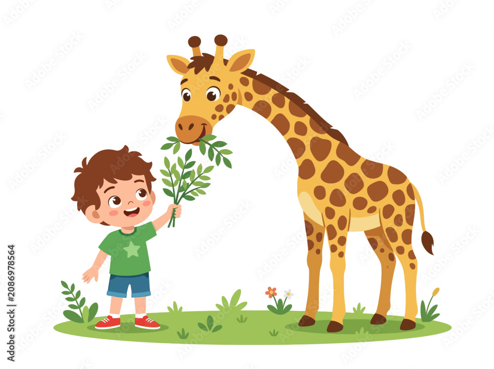 Obraz premium Cute boy feeding a giraffe with green leaves in a grassy field, cartoon style illustration for kids