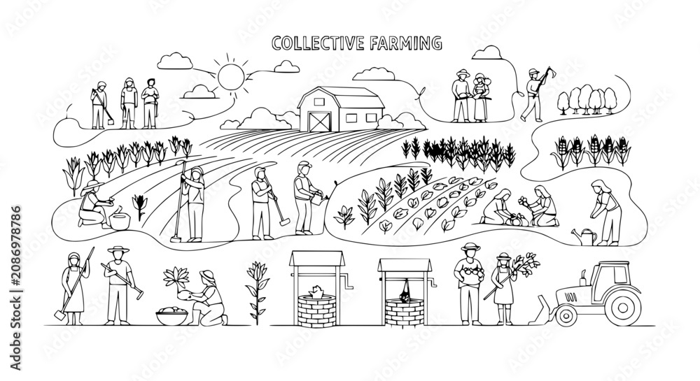Obraz premium Collective Farming Illustration: Diverse People Working Together in Fields, Barn, Tractor, Wells
