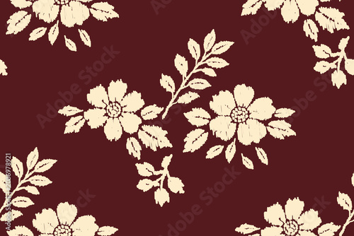 Floral ethnic ikat embroidery seamless botanical pattern on burgundy background.