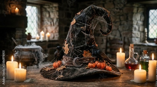 Spooky witch hat on wooden table with candles and pumpkins