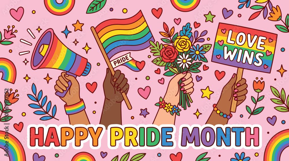 Fototapeta premium LGBTQ+ Pride Month celebration banner, diverse hands holding rainbow flags and megaphone, colorful Love Wins protest sign vector illustration