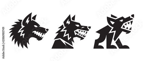 Canvastavla Aggressive Wolf Head Icons Set Featuring Stylized Wild Animal Silhouettes in Minimalist Vector Style