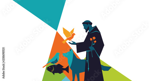 Saint Francis of Assisi with birds and animals illustration.
