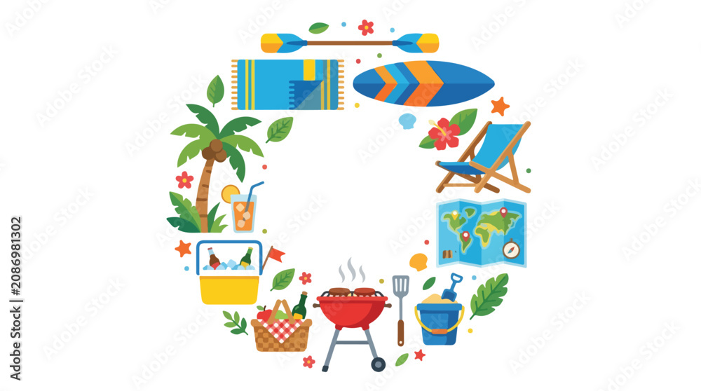 Fototapeta premium A colorful circular arrangement of summer and vacation icons including a palm tree, surfboard, and BBQ grill set against a white background.