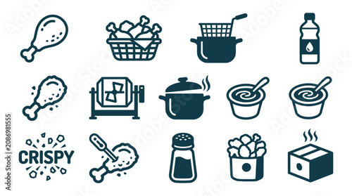 Photos Collection of black flat icons for fried chicken cooking and fast food service including drumsticks, deep fryers, oil, pots, thermometers, dipping sauces, and delivery boxes