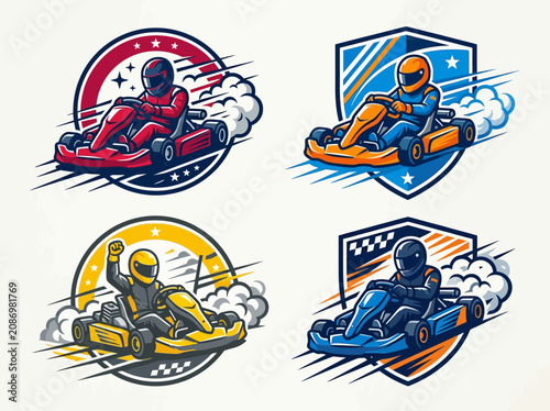 Set of 4 dynamic go-kart racing logos and mascots
