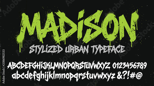 Obraz na plátně Madison stylized urban typeface with graffiti drip effect, neon green street art