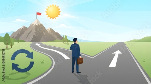 SEO Title: Man in suit at fork in road holding briefcase pensive with mountain peak goal and circular refresh icon decision concept