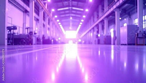 Futuristic factory hallway with purple neon lighting.