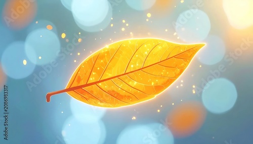Golden autumn leaf shining against blue bokeh background.