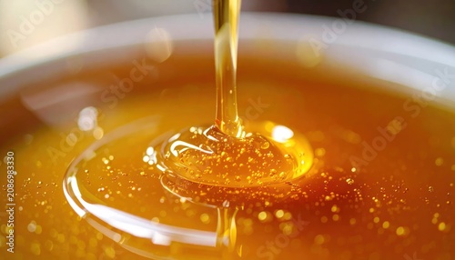 Golden liquid honey pouring into a white ceramic bowl.