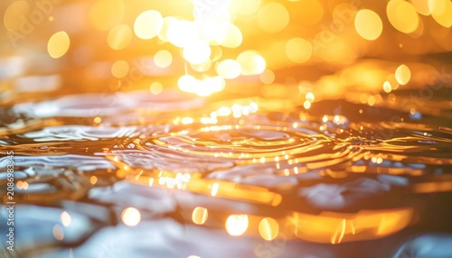 Golden water ripples with sunset bokeh reflections.