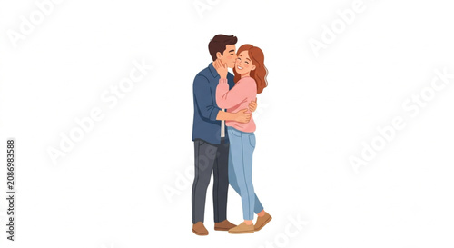 Happy man kissing smiling woman cheek cartoon illustration on white background